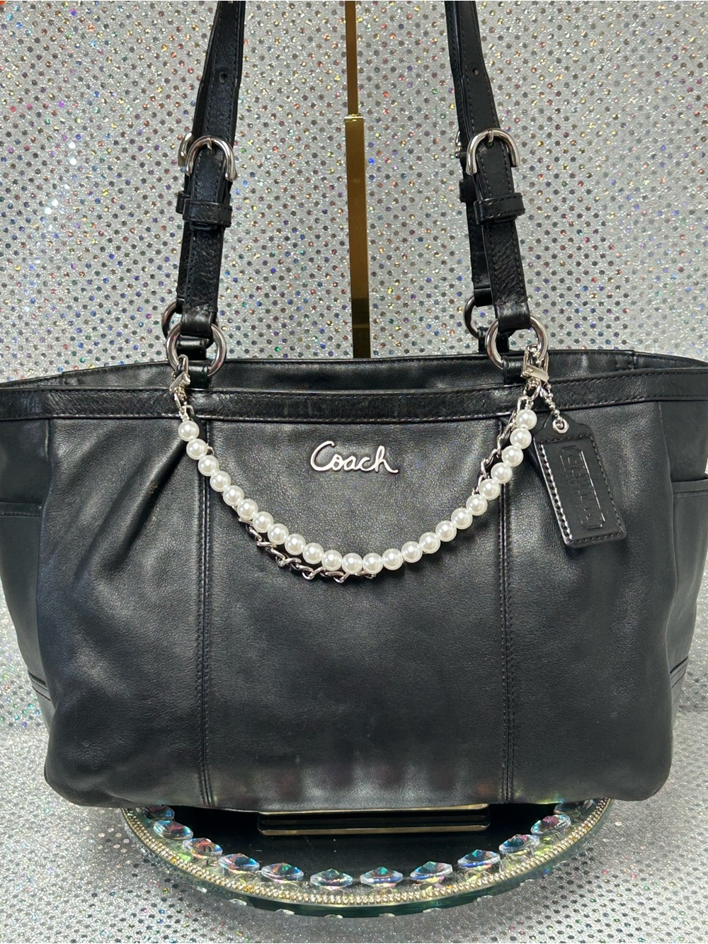 Coach Black Leather Tote with Pearl Chain Approx. 16 x 9 x 4